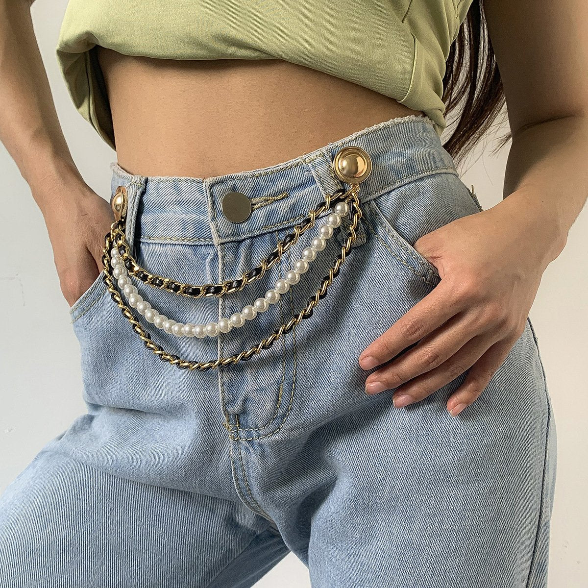 Jewelry temperament small velvet chain imitation pearl waist chain retro personality jeans accessories