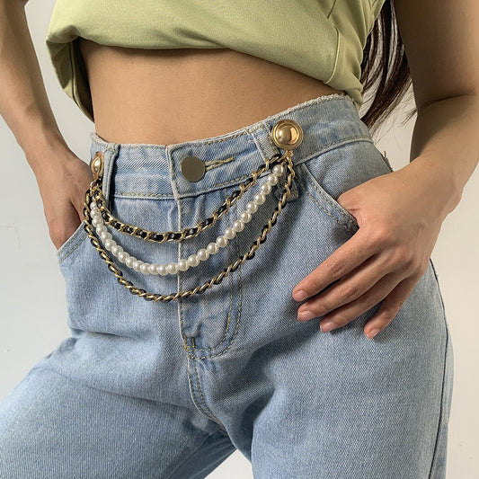 Jewelry temperament small velvet chain imitation pearl waist chain retro personality jeans accessories
