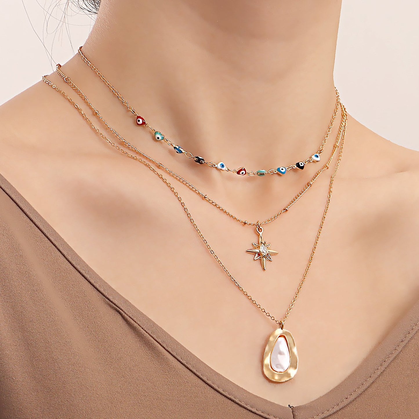 Jewelry fashion love devil's eye hexagram special-shaped pearl necklace female ins niche design