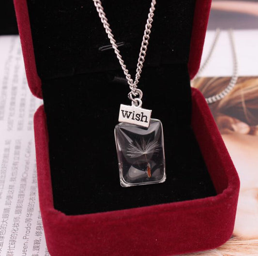 Jewelry Fashion Trendy Long Square Crystal Pendant Wishing Dandelion Necklace