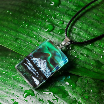 Creative Handmade Snow Mountain Lake Square Pendant Fashion Aurora Phantom Scenery Resin Wax Rope Necklace