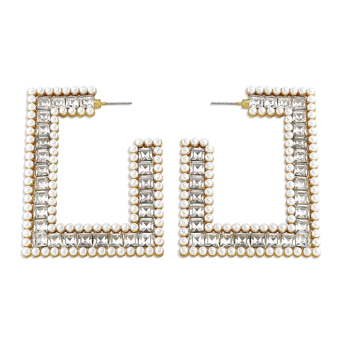 E1444 Exaggerated Design Earrings Imitation Pearl Rhinestone Square Personality Earrings Dinner Show Earrings