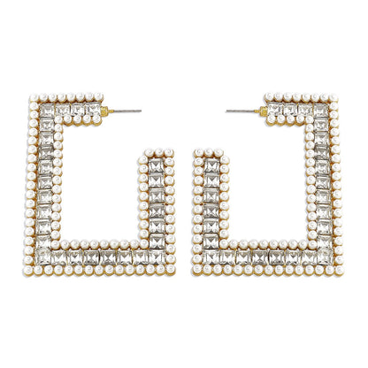 E1444 Exaggerated Design Earrings Imitation Pearl Rhinestone Square Personality Earrings Dinner Show Earrings