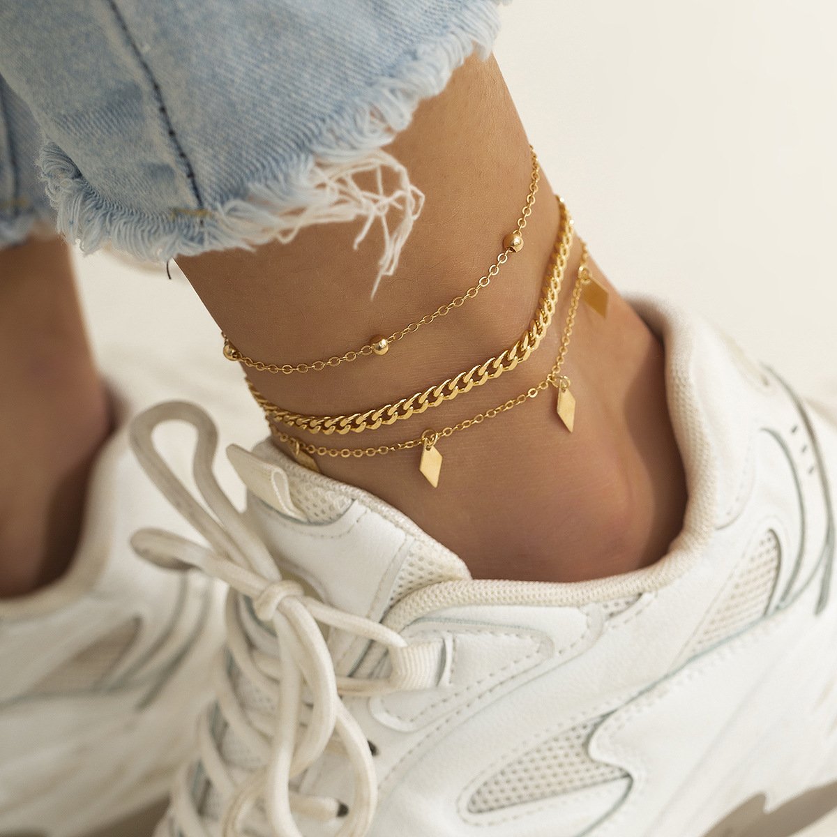 Jewelry Simple Metal Thin Chain Anklet Set Versatile Geometric Sequin Pendant Foot Jewelry Female