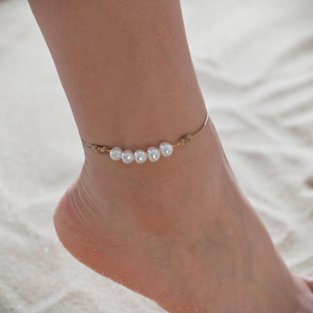 Accessories Fashion Pearl Anklet Vintage Wax Rope Braided Foot Jewelry