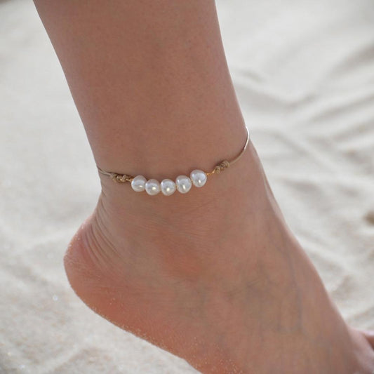 Accessories Fashion Pearl Anklet Vintage Wax Rope Braided Foot Jewelry