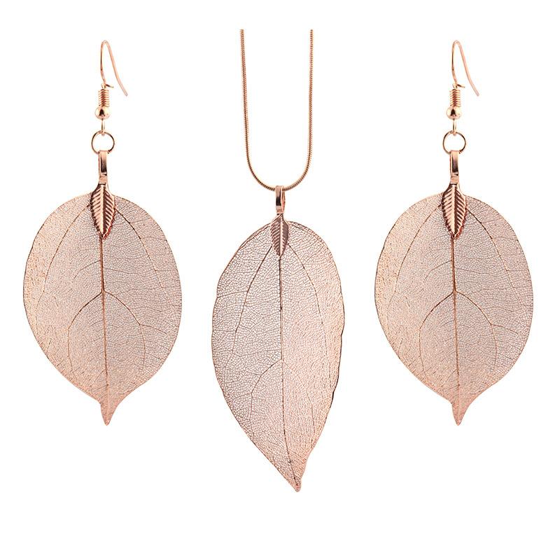 Jewelry Fashion Simple Leaf Necklace Earrings Leaf Specimen Sweater Chain Earrings Three-piece Set