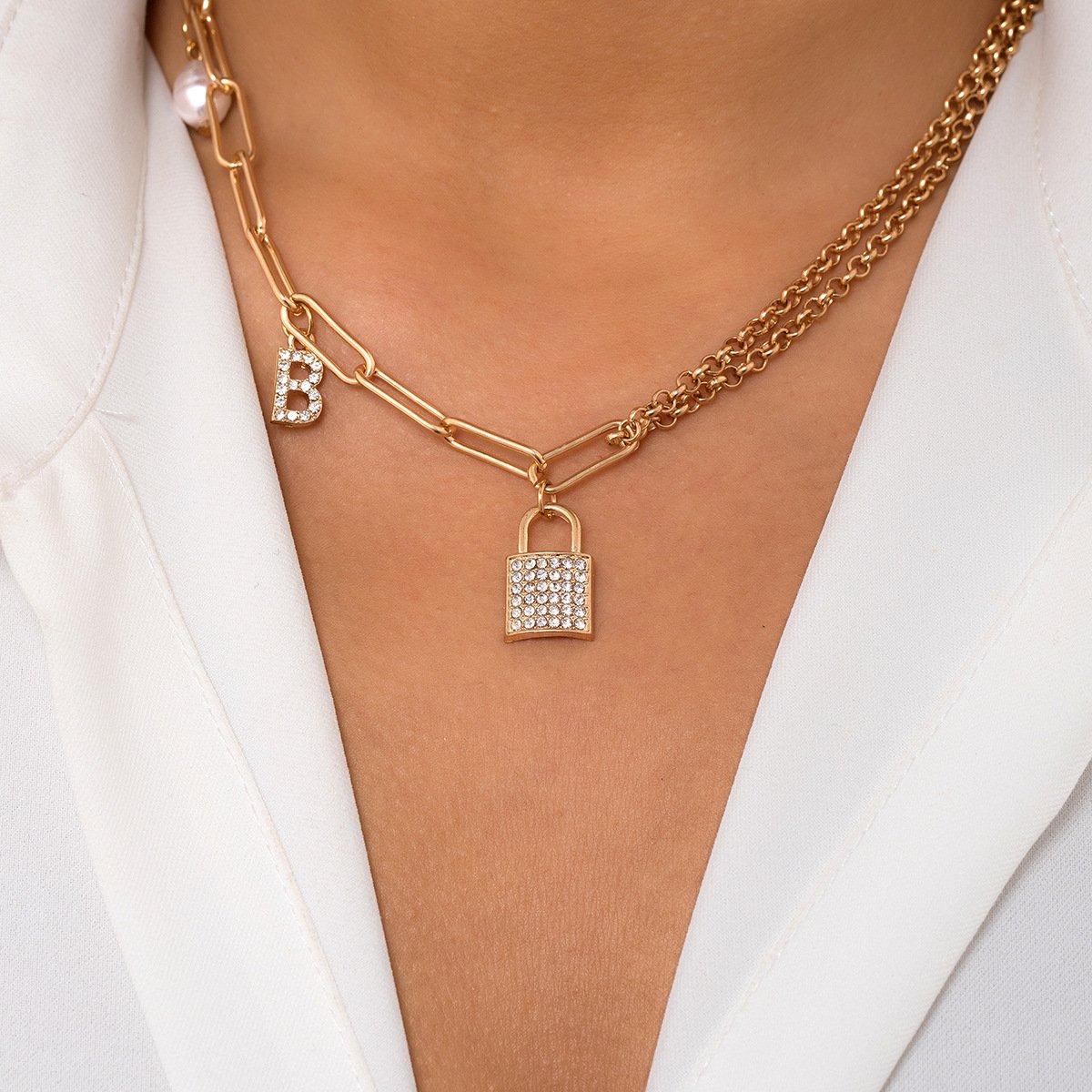 Jewelry cold diamond letter lock pendant necklace niche Baroque pearl necklace female