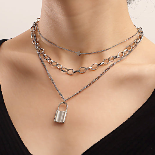 Trend Jewelry Punk Hip Hop Exaggerated Double Clavicle Chain Lock Pendant Necklace Metal Collar