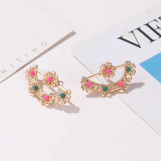 Ethnic fashion metal flower earrings temperament hollow fan-shaped earrings palace niche ear jewelry