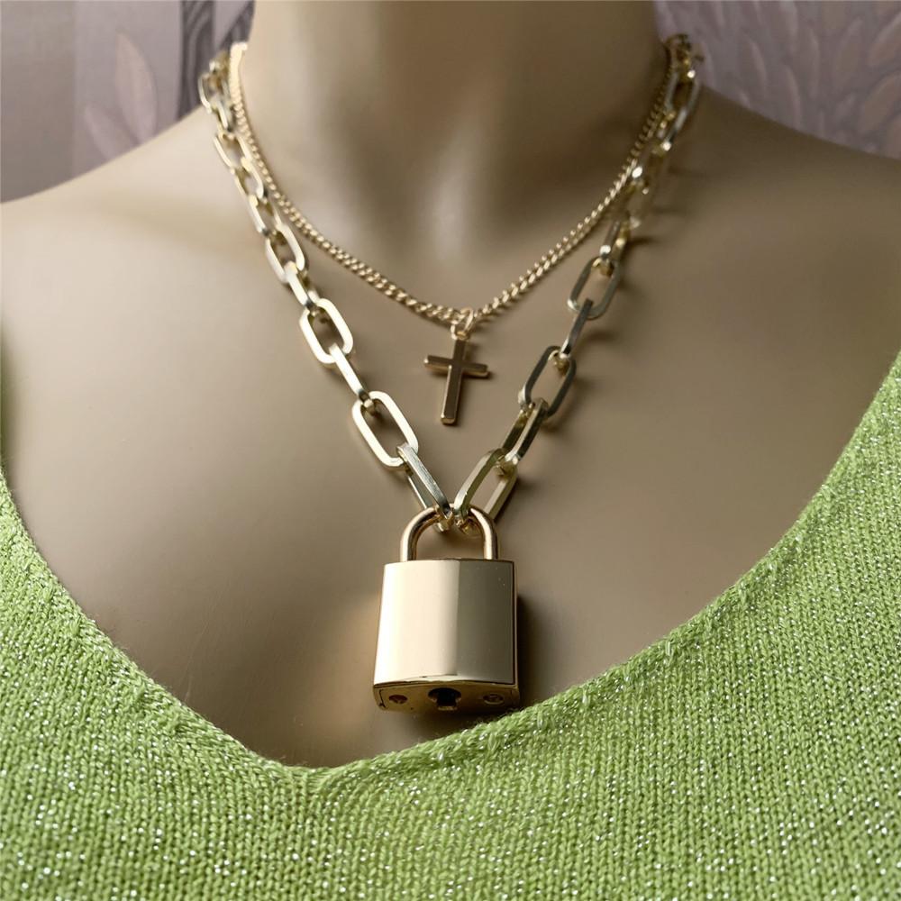 Jewelry Trendy Geometric Lock Pendant Necklace Punk Street Rock Hip Hop Double Layer Necklace Necklace