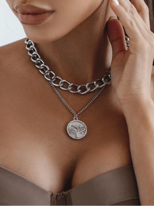 Double-layer thick aluminum chain geometric round diamond-studded tree of life black and white mother-of-pearl pendant necklace trendy cool all-match sweater chain women