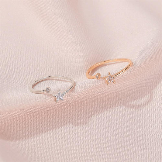 Sweet and simple five-pointed star ring, fresh and versatile, diamond-studded star opening, female ring, literary student's hand jewelry