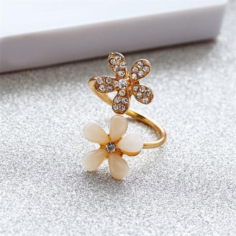 Opal flower open ring micro-paved diamond five-leaf flower ring popular jewelry