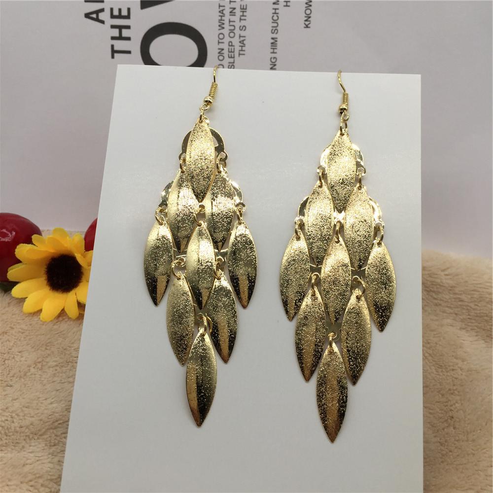 Atmospheric ethnic long string leaf-shaped metal frosted earrings earrings