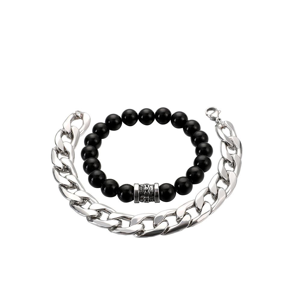 Men's Punk Temperament Street Domineering Personality Fashion Black Beaded Skull Thick Chain Bracelet Set