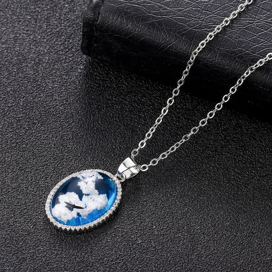 Creative Handmade Jewelry ETSY Blue Sky White Cloud Eagle Pendant Water Drop Shaped Resin Necklace