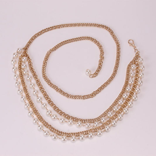 Jewelry hip-hop metal texture imitation pearl multi-circle waist chain temperament small incense chain body