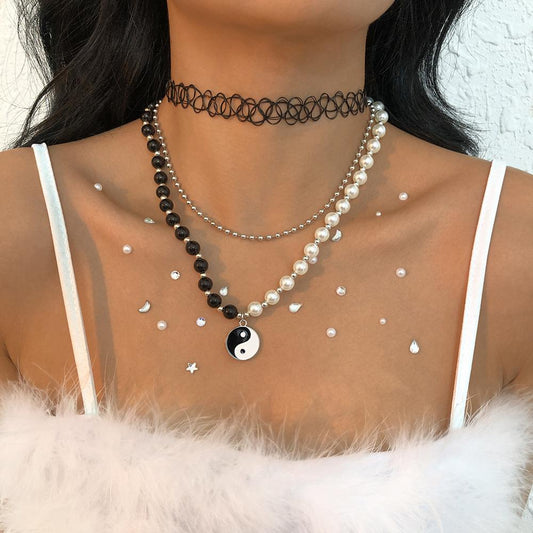 N9661 Jewelry Contrasting Color Pearl Bead Necklace Dripping Oil Tai Chi Gossip Creative Sexy Necklace Female