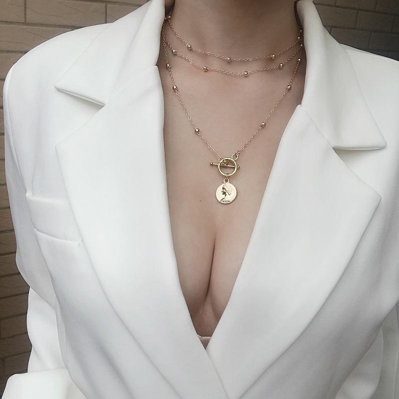 Niche Design Fashion Versatile Multi-Layer Coin Portrait Round Women's Collar Personality Necklace Clavicle Chain