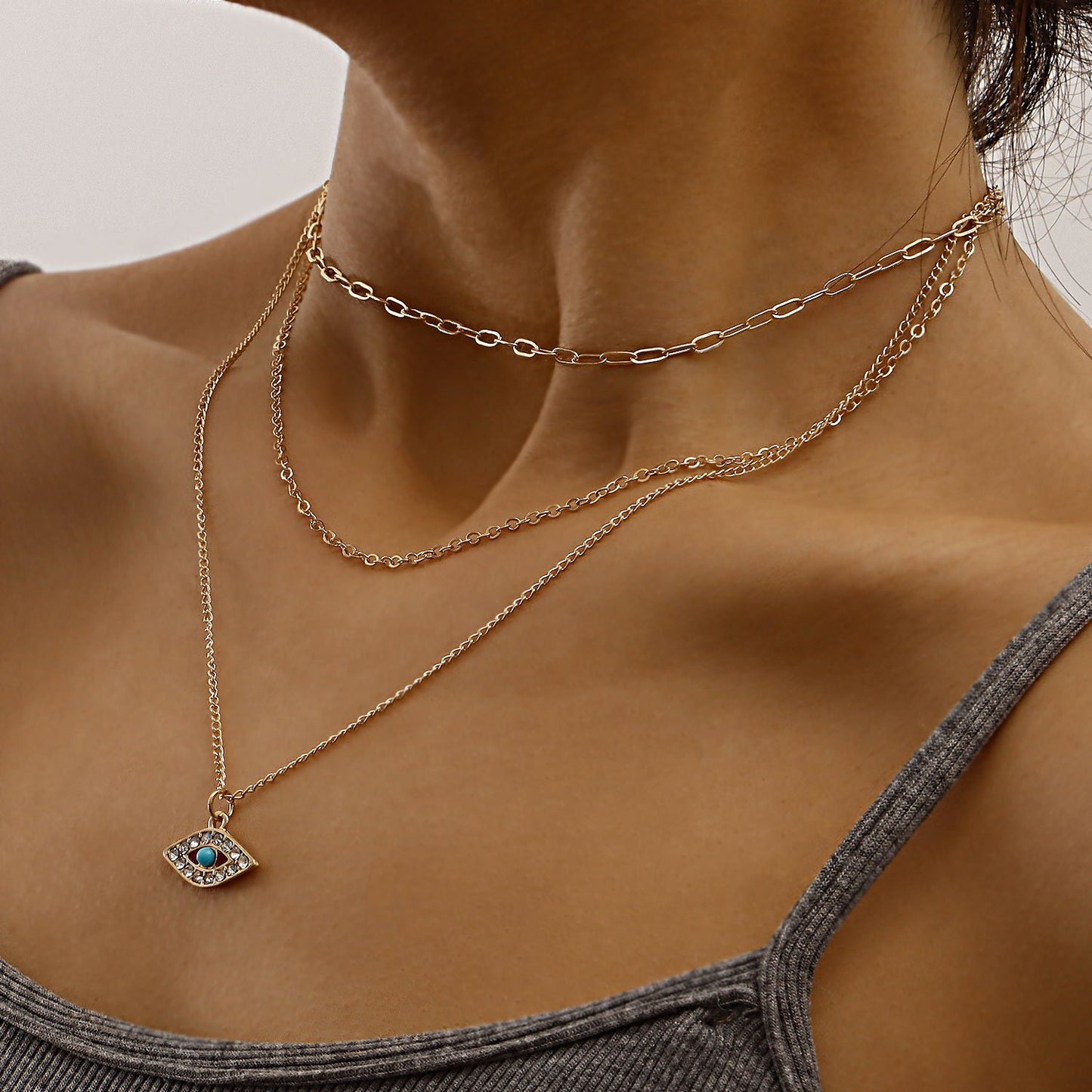 Jewelry fashion multi-layer fine chain diamond blue devil's eye pendant necklace female ins necklace