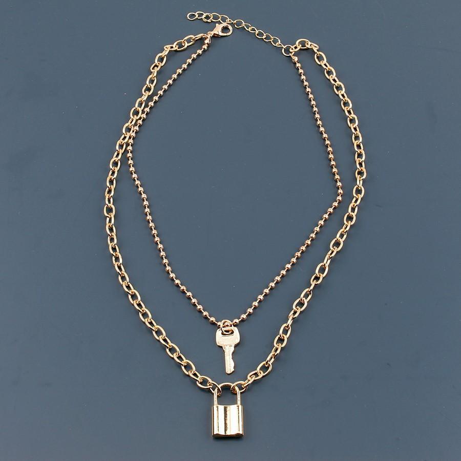 Necklace Jewelry Personality Double Bead Chain Lock with Key Necklace Female Alloy Chain Punk Hip-Hop Necklace
