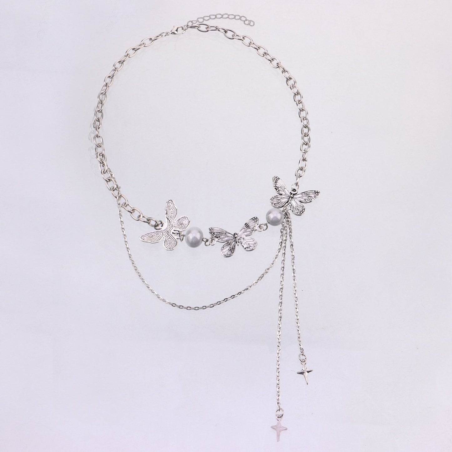 Jewelry Trendy Luminous Pearl Three Butterfly Necklace Women's Double Tassel Cross Star Pendant