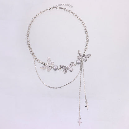 Jewelry Trendy Luminous Pearl Three Butterfly Necklace Women's Double Tassel Cross Star Pendant