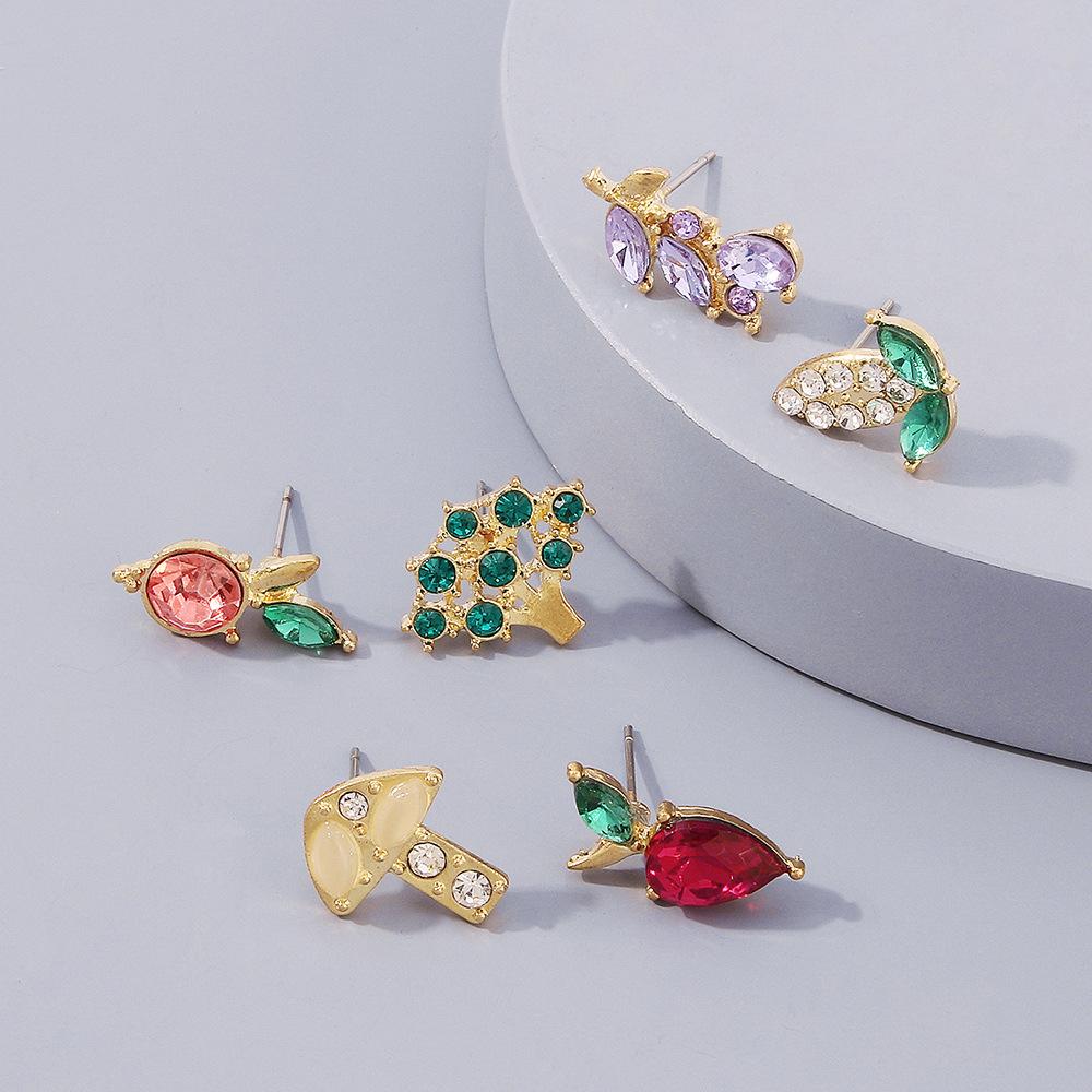 E1269 Simple Ear Stud Set Colorful Diamond Mushroom Broccoli Creative Earrings Fun Geometric Fashion Earrings