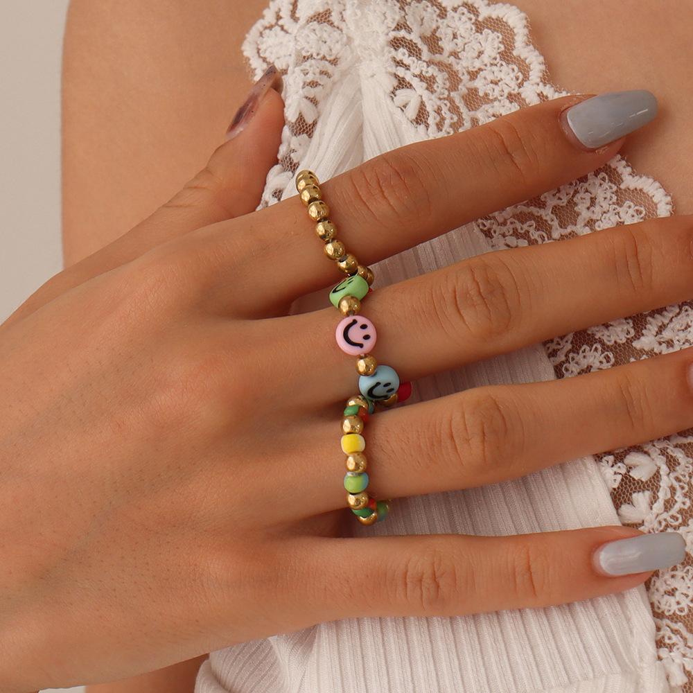 R751 Ethnic Color Hand Decoration Beaded Smiley Star Fashion Ring Set Personality Trendy Ring