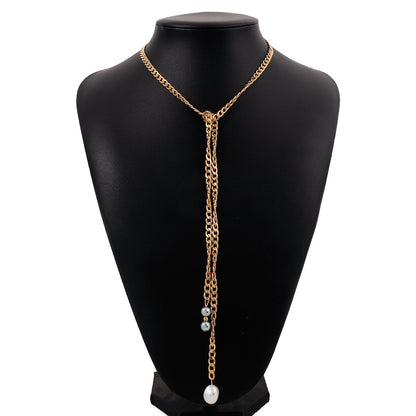 N1571 Gentle and fragrant personality necklace Cuban chain single-layer necklace elegant long pearl back decoration