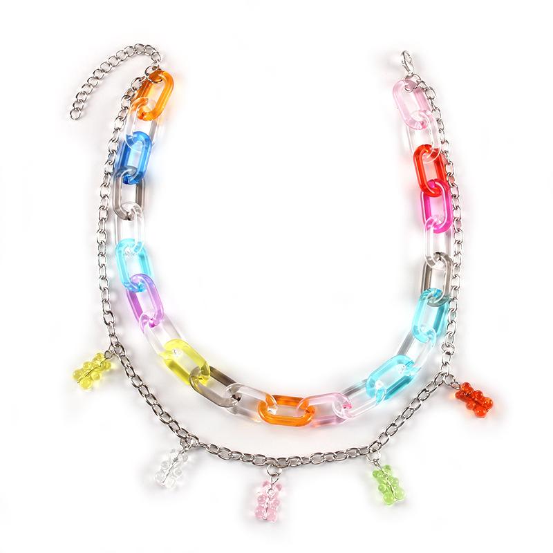 Ins sweet color candy color bear tassel necklace fashion girl multi-layer exaggerated necklace collarbone chain