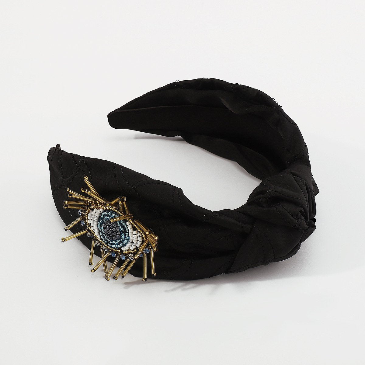 F4885 Exaggerated Creative Knotted Fabric Headband Rice Beads Contrasting Color Eyes Personality Micro-inlaid Plaid Headband Female