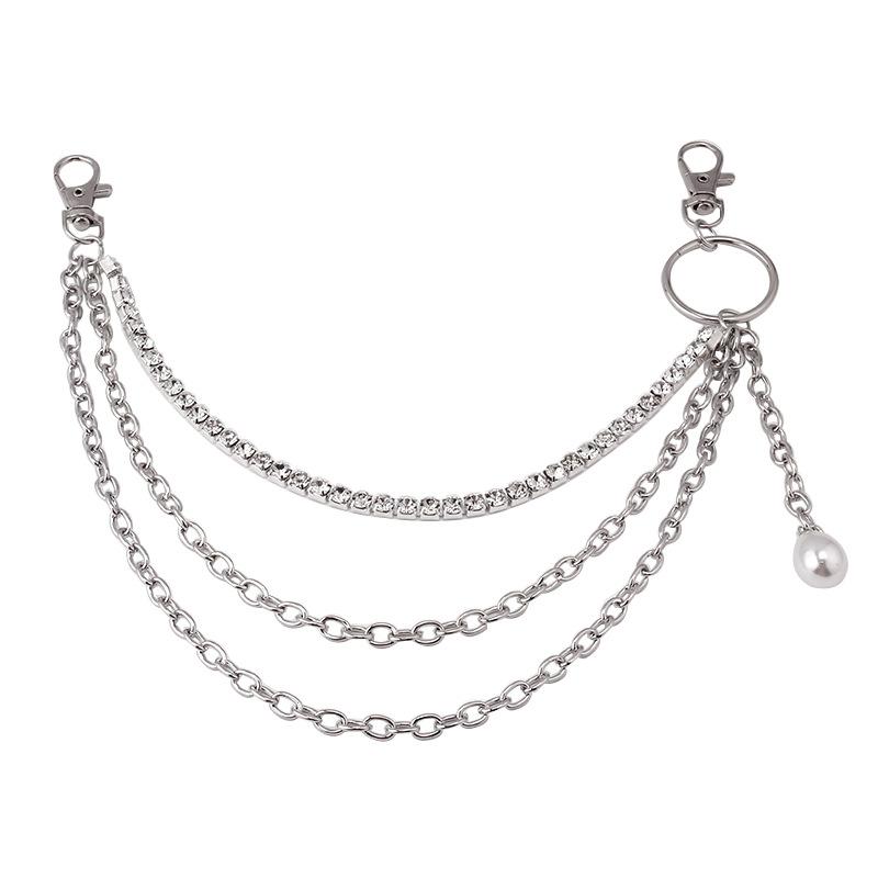 ins multi-layer pants chain accessories metal hip-hop jumping jeans inlaid diamond claw chain hanging chain pearl pendant accessories