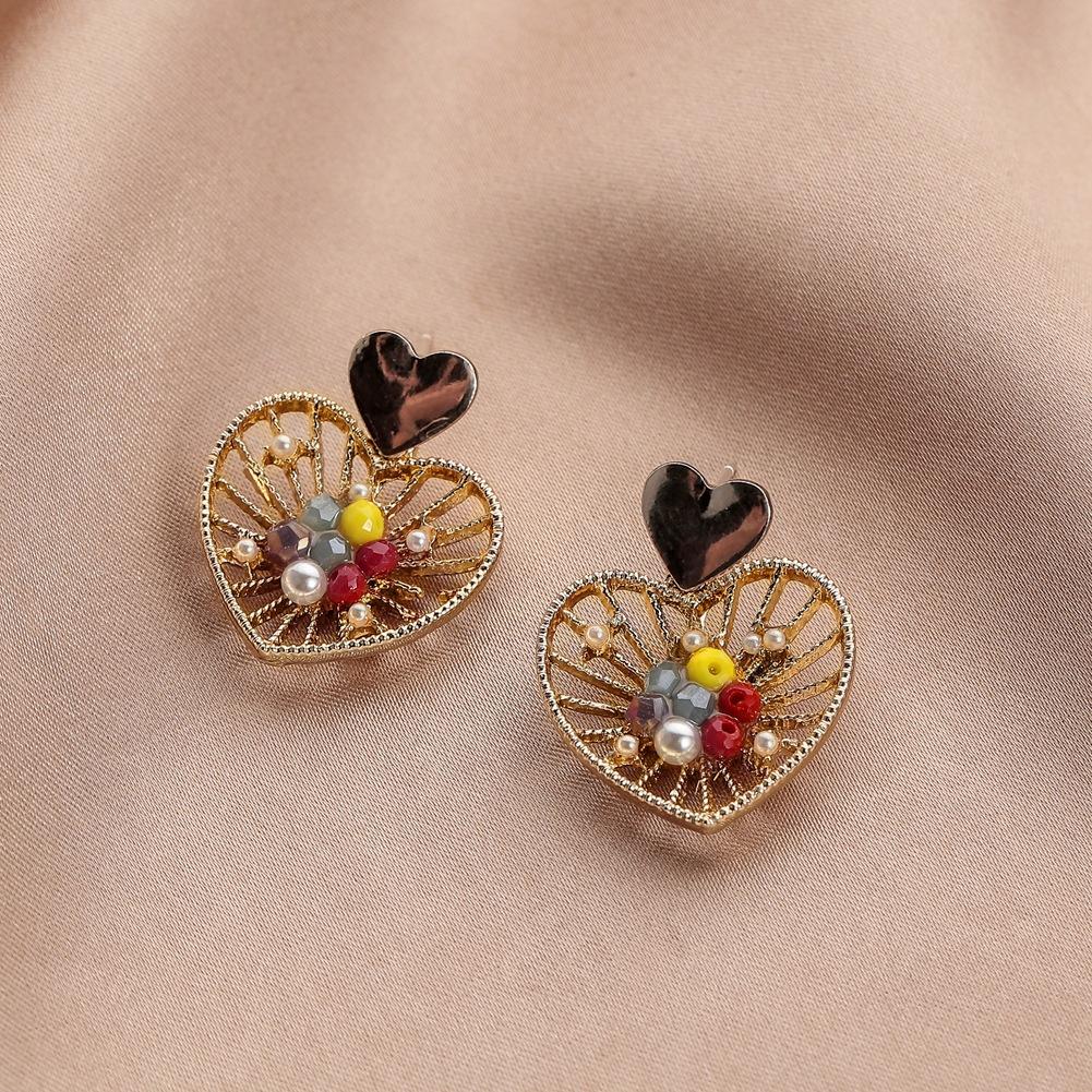 Geometric Pearl Color Gravel Earrings Heart Hollow Ear Studs Retro Temperament Fashion Trendy Earrings