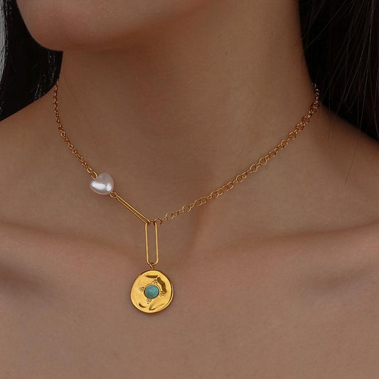 Fashion Simple Stainless Steel Gold Love Coin Pendant Titanium Steel Pearl Necklace Clavicle Chain Women
