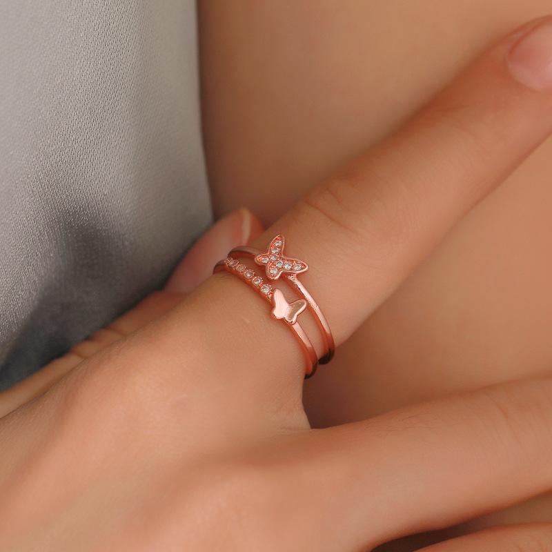 Fashion Jewelry Double Butterfly Ring Women's Popular Rose Gold Diamond Opening Adjustable Ring