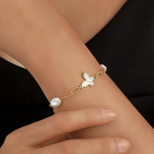 Fashion White Shell Pearl Butterfly Bracelet Female Titanium Steel Temperament Elegant Internet Celebrity Same Style Three-dimensional Hand Jewelry