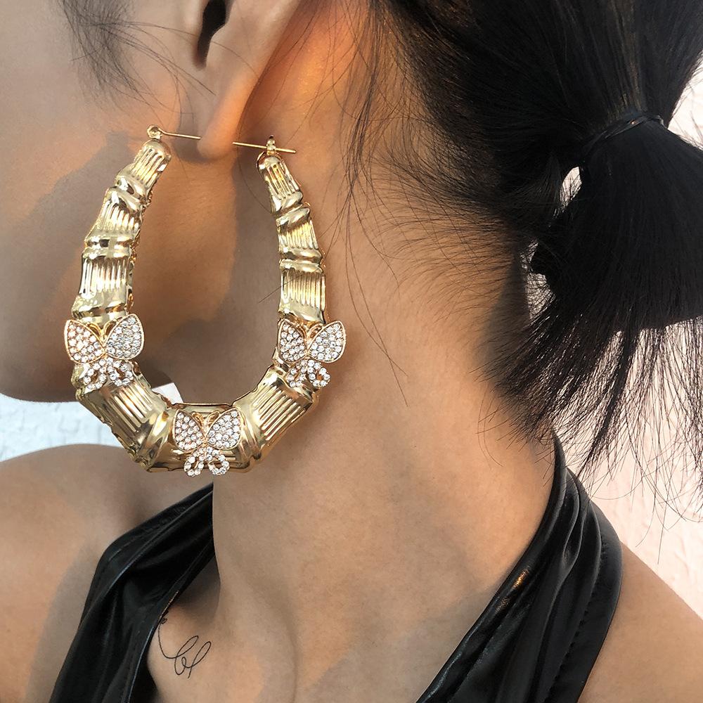 E983 Exaggerated Personality Earrings Retro Micro-inlaid Bamboo Butterfly Earrings Fashion Temperament Earrings Women