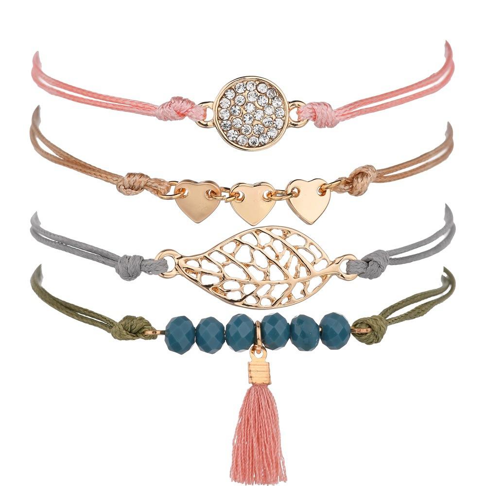 Accessories Peach Heart Leaf Tassel Bracelet Trendy Beaded Wax Thread Braided Bracelet Set