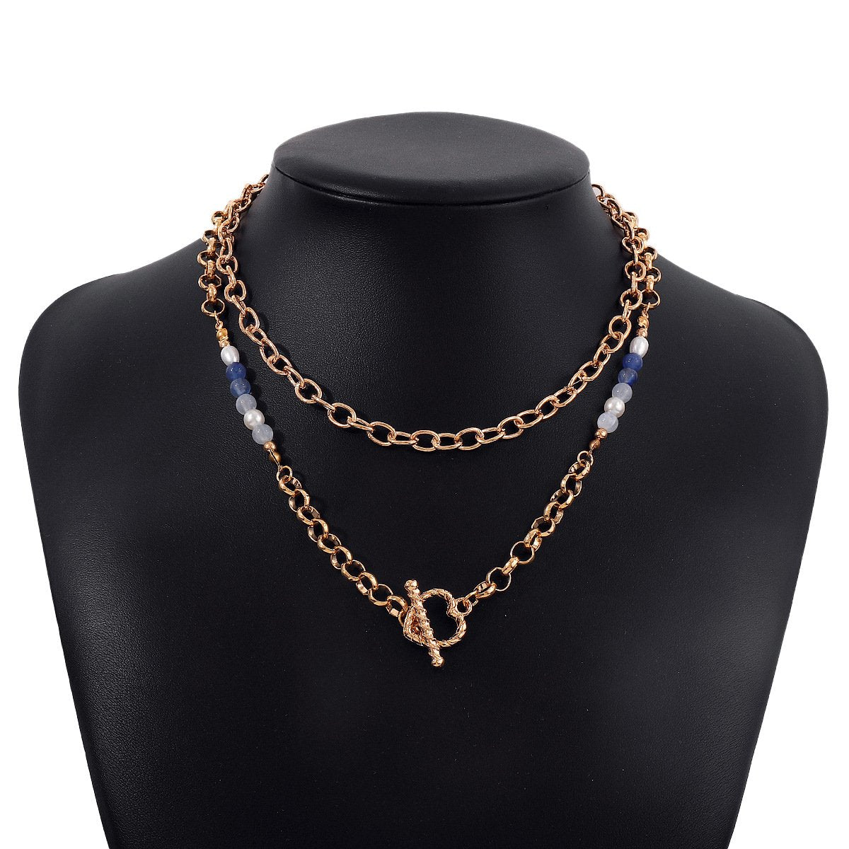 N1582 Niche Double O-chain Clavicle Necklace Imitation Pearl Metal Exaggerated Simple Hong Kong Necklace Women