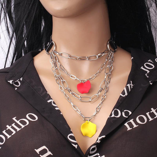 Cool Harajuku petal-shaped pendant multi-layer chain collar necklace fashion trend leather collar collar chain clavicle chain