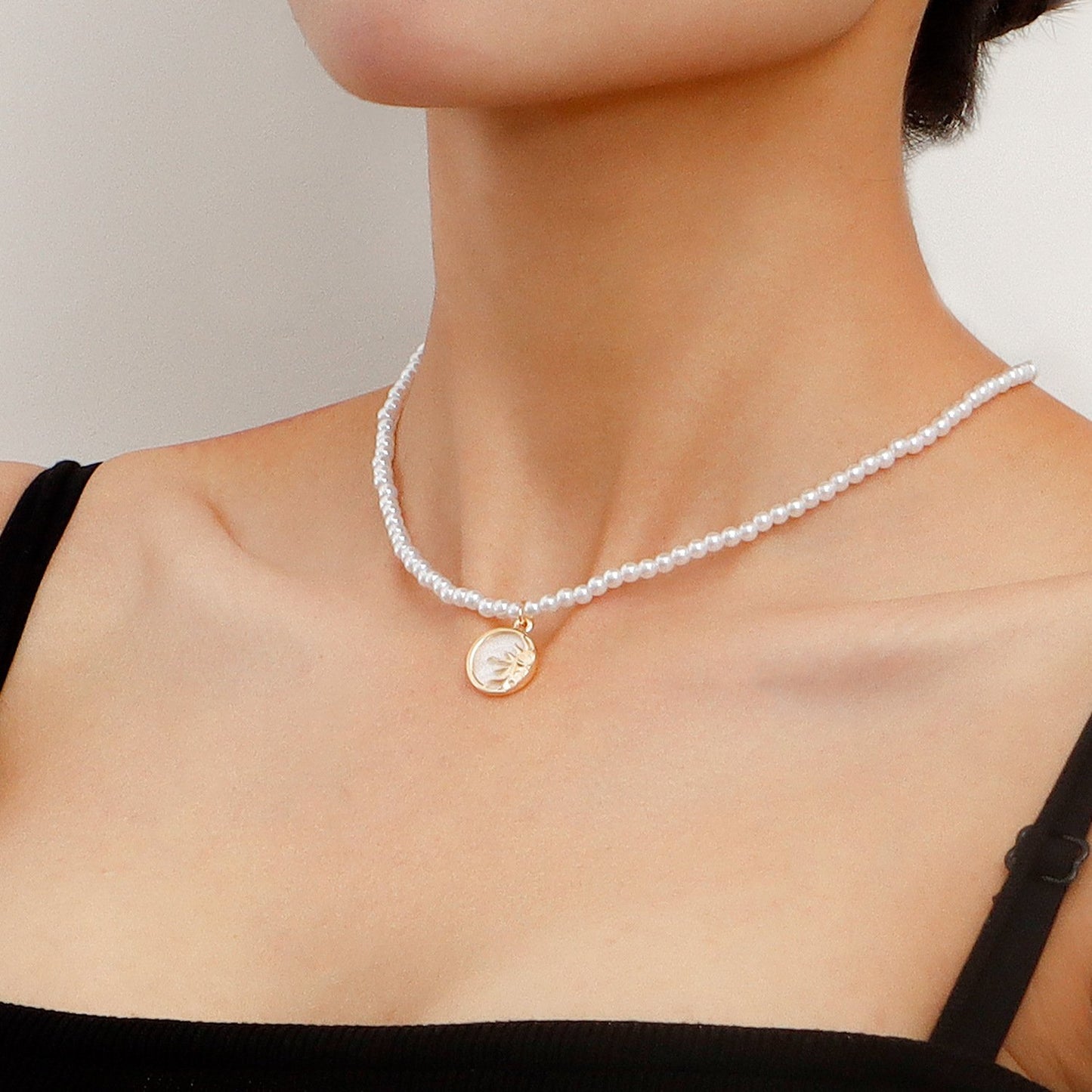 Jewelry Personality Semicircle Sun Small Pearl Necklace Sweater Chain Female Niche Advanced Design Sense Necklace