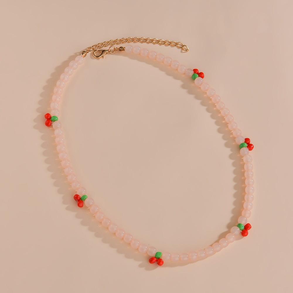 Small Fresh Rice Bead Cherry Short Necklace Hand Beaded Jelly Bead Necklace Accessories