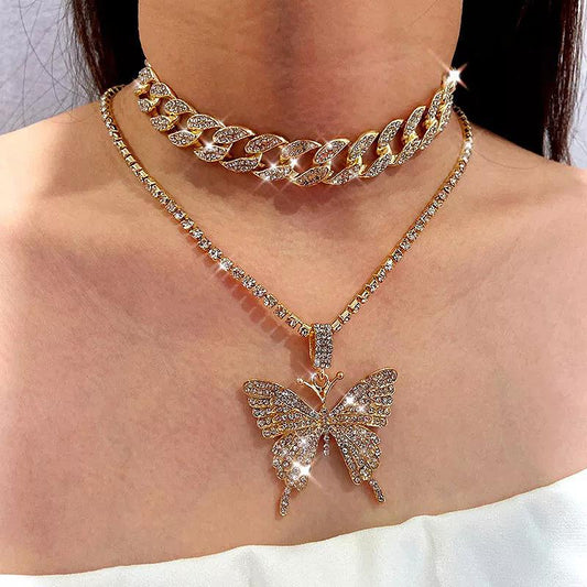 Cuban double-layer big butterfly necklace with exaggerated personality full of diamonds thick chain necklace ins net red accessories