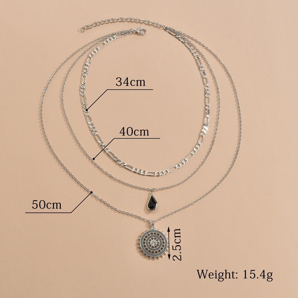 Fashion Water Drop Resin Bound Diamond Round Alloy Pendant Necklace Vintage Multilayer Necklace Accessories