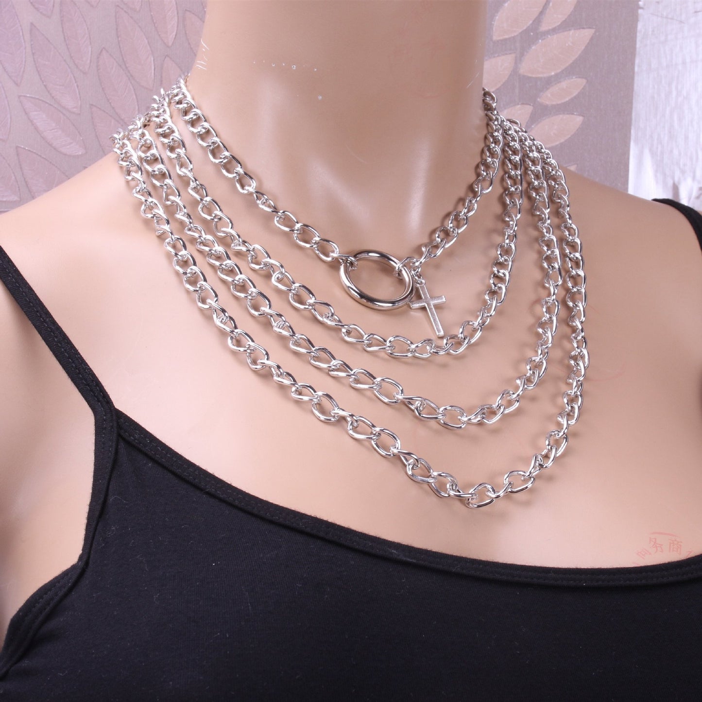 Jewelry punk metal chain multi-layer necklace hip-hop ins cross geometric ring necklace