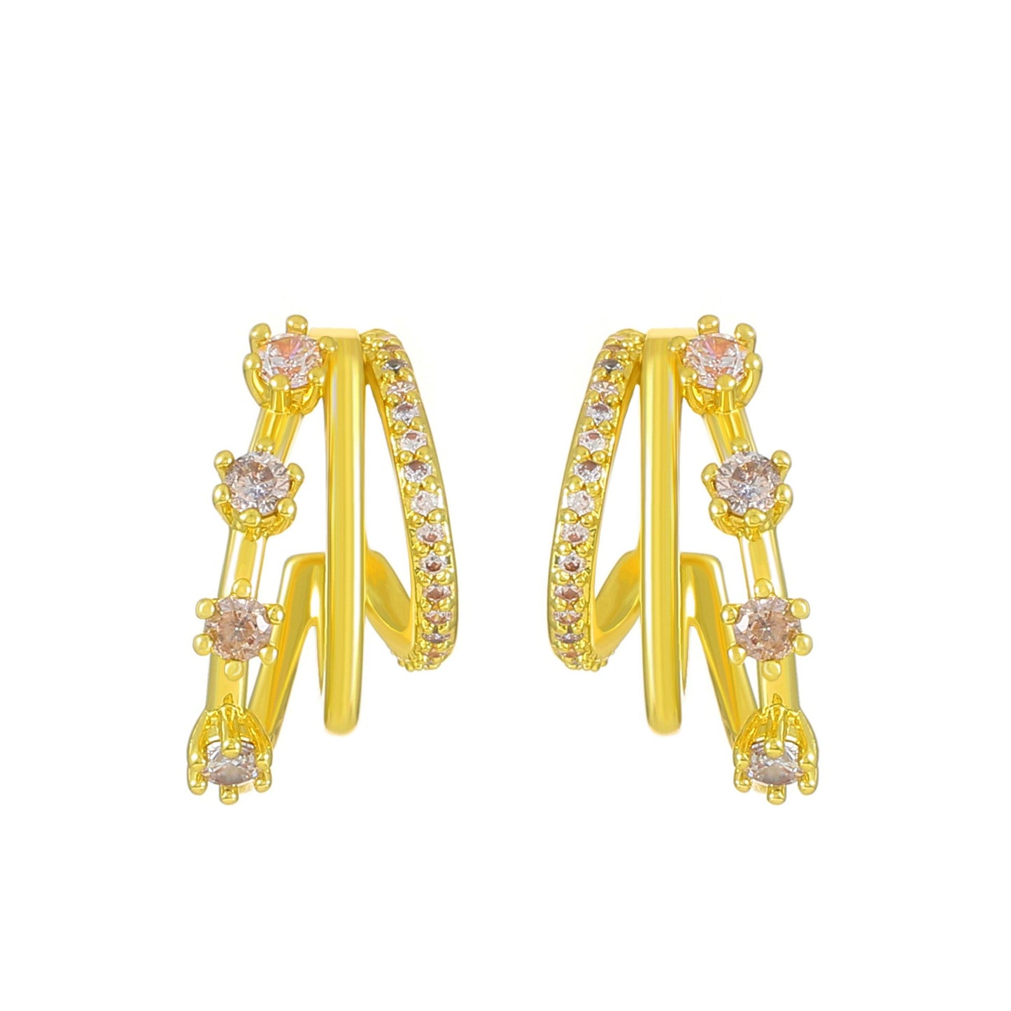 Explosive pink zircon earrings retro fashion niche design metal multi-layer C-shaped stud earrings temperament earrings