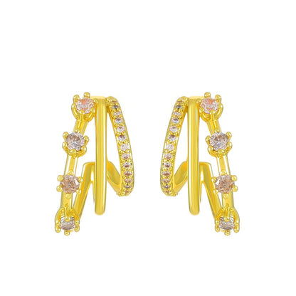 Explosive pink zircon earrings retro fashion niche design metal multi-layer C-shaped stud earrings temperament earrings