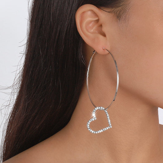 1643 personality large circle earrings love heart full of diamond temperament exaggerated earrings net red simple sweet earrings